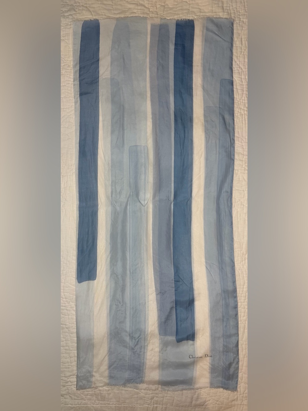 VTG Dior Silk Oblong Scarf Abstract Block Stripe Ice Blue Cream Minimalist - Picture 11 of 16